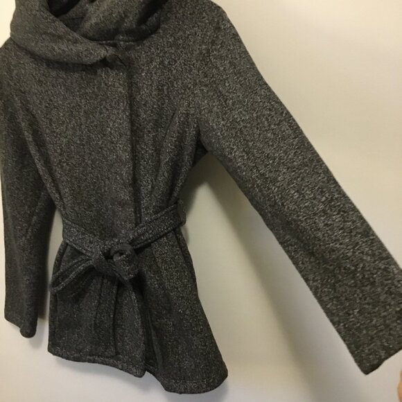 Hooded Button Up Charcoal Grey Cotton Blend Tie Waist Coat - Picture 4 of 15